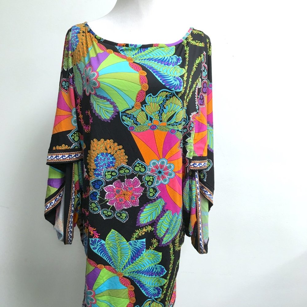 Trina Turk black floral print caftan dress M L
